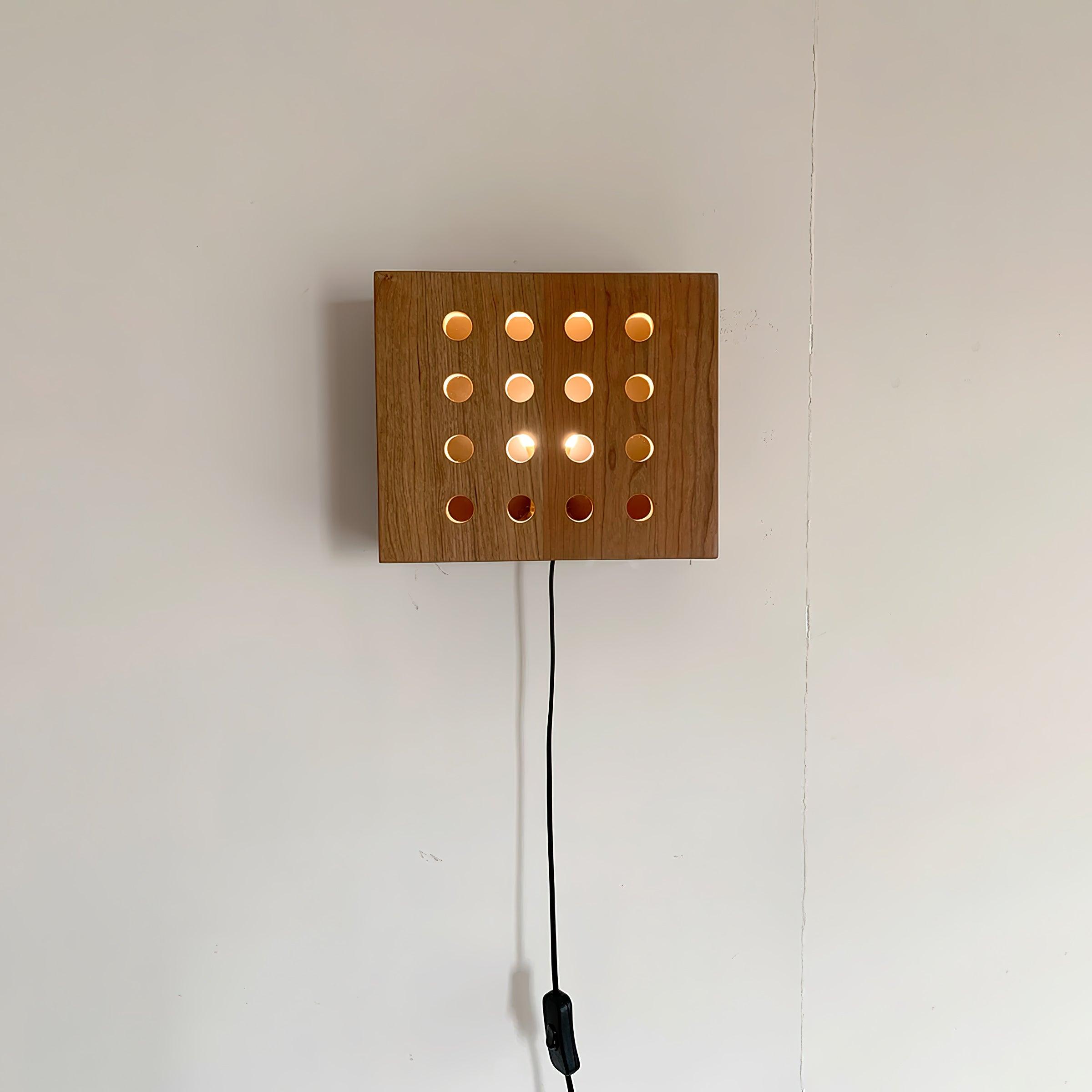 Modern Cherry Wood Cube Wall Sconce with Round Grid Pattern Ambient LED Lighting