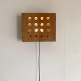 Modern Cherry Wood Cube Wall Sconce with Round Grid Pattern Ambient LED Lighting
