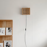 Modern Cherry Wood Cube Wall Sconce with Round Grid Pattern Ambient LED Lighting