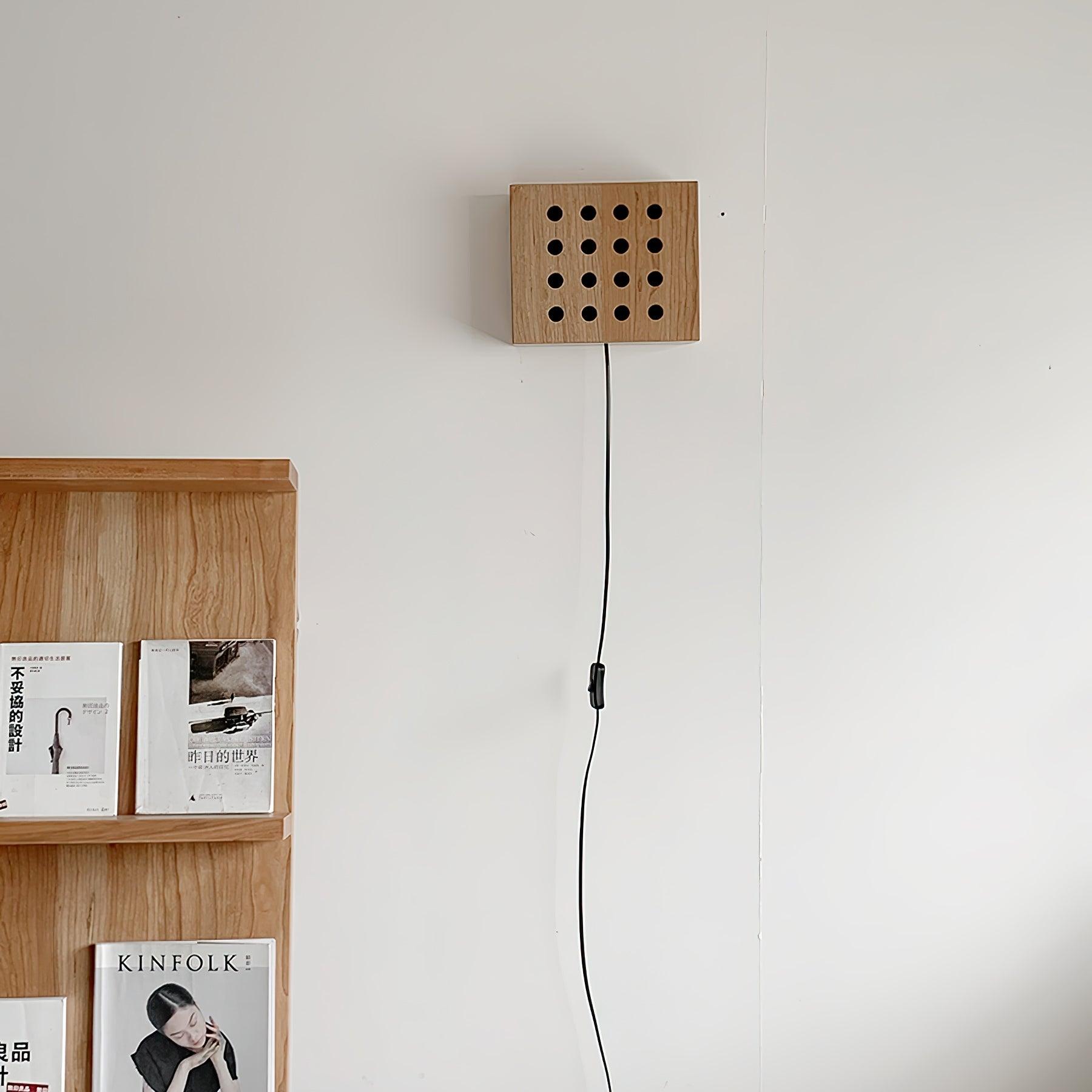 Modern Cherry Wood Cube Wall Sconce with Round Grid Pattern Ambient LED Lighting