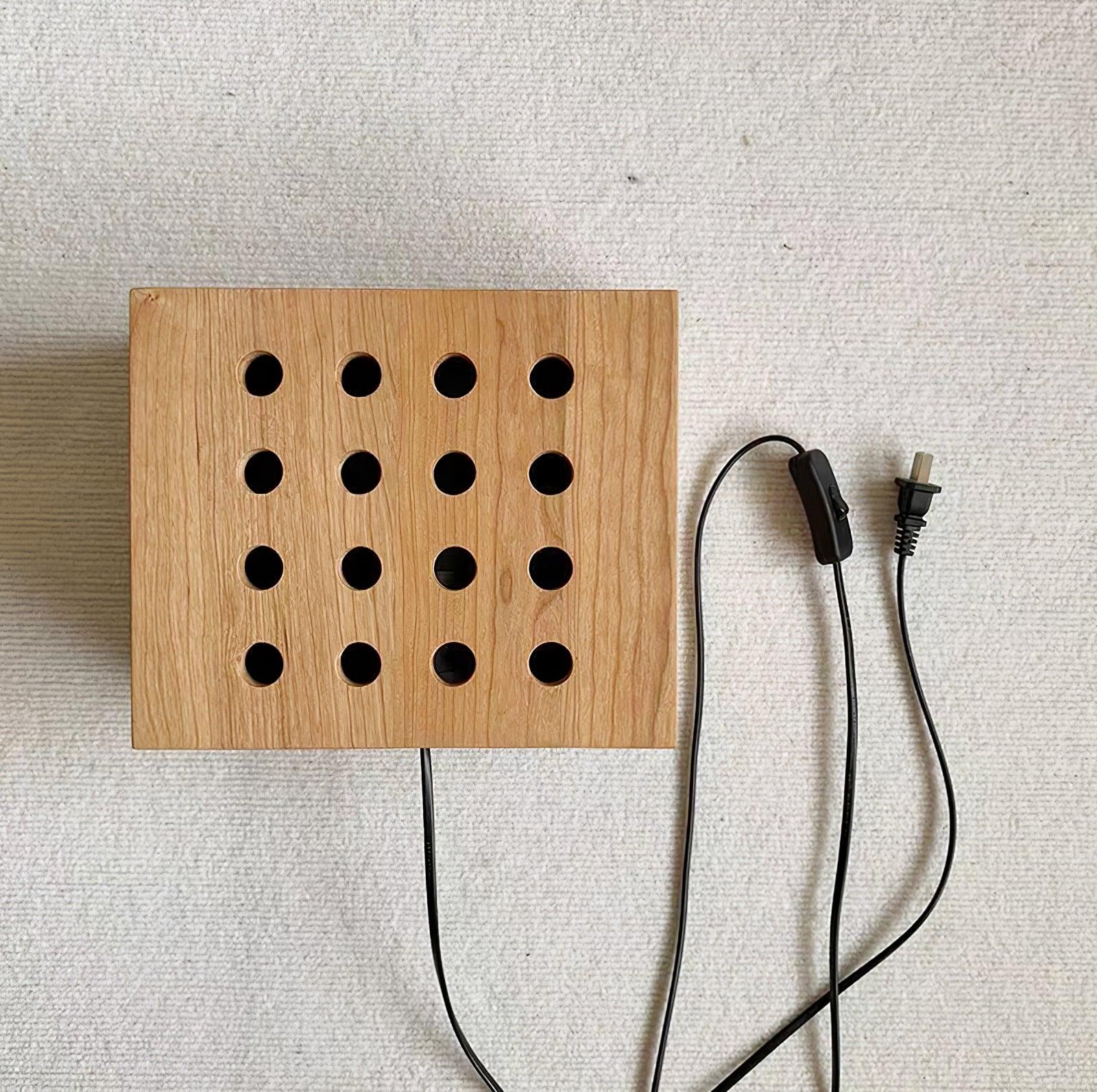 Modern Cherry Wood Cube Wall Sconce with Round Grid Pattern Ambient LED Lighting