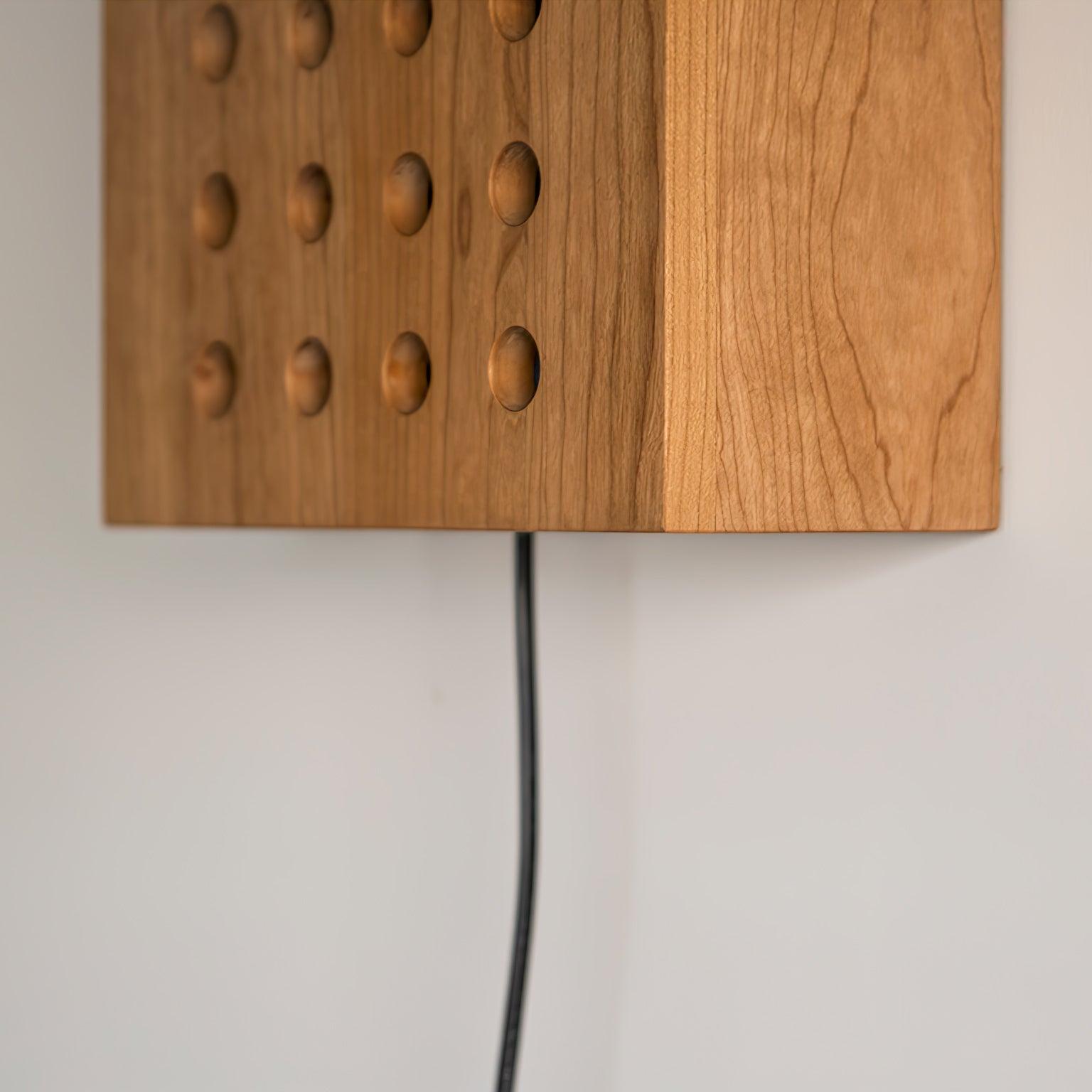 Modern Cherry Wood Cube Wall Sconce with Round Grid Pattern Ambient LED Lighting