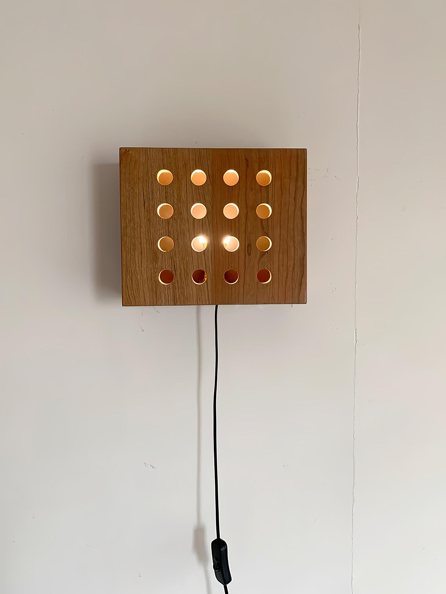 Modern Cherry Wood Cube Wall Sconce with Round Grid Pattern Ambient LED Lighting