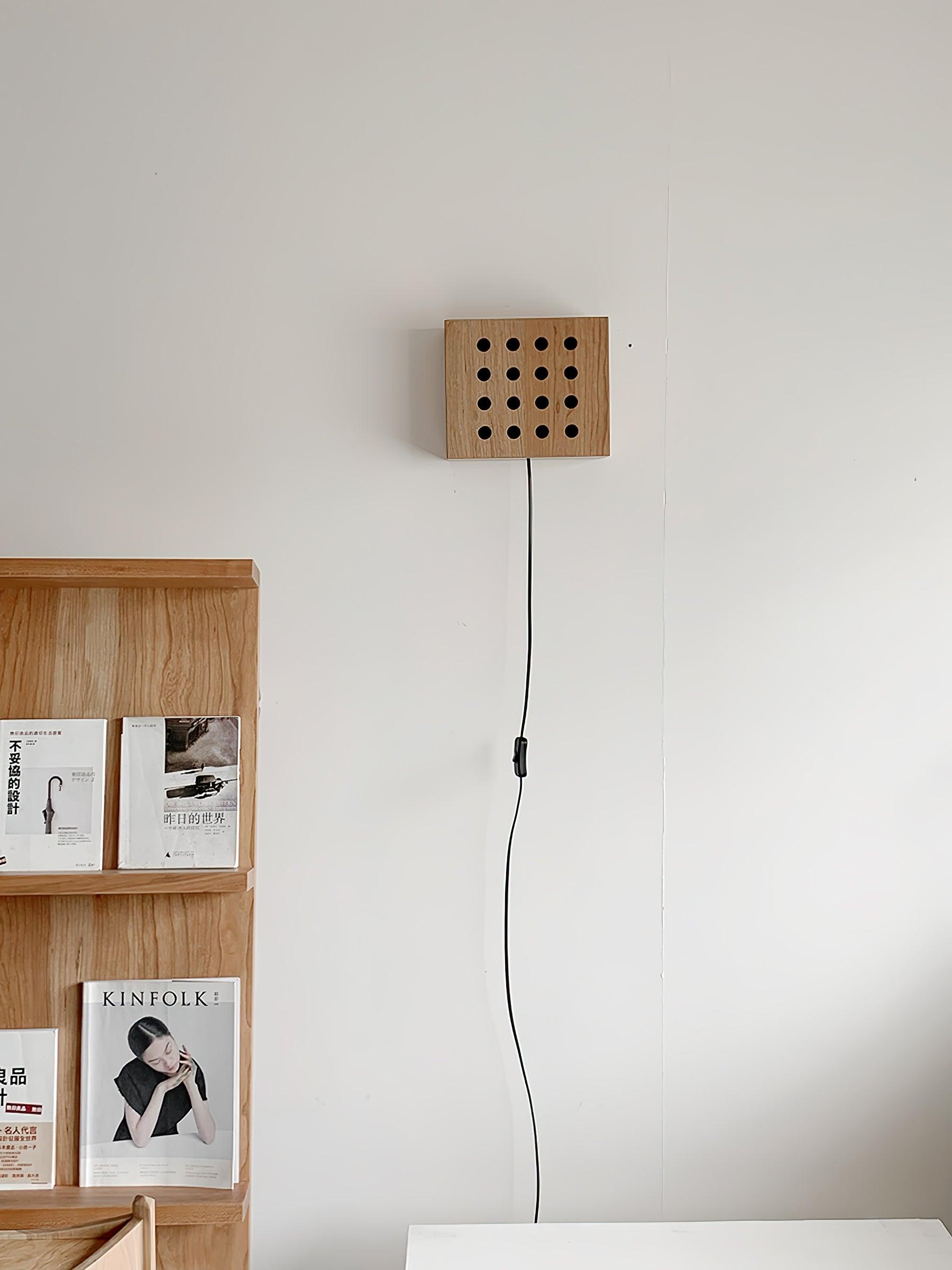Modern Cherry Wood Cube Wall Sconce with Round Grid Pattern Ambient LED Lighting