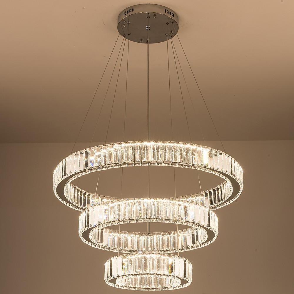 Modern Chrome 3 Tier Crystal Ring Pendant Light LED Ceiling Chandelier for Dining Room