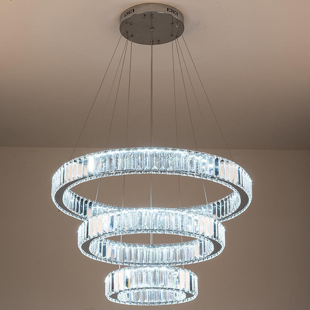 Modern Chrome 3 Tier Crystal Ring Pendant Light LED Ceiling Chandelier for Dining Room