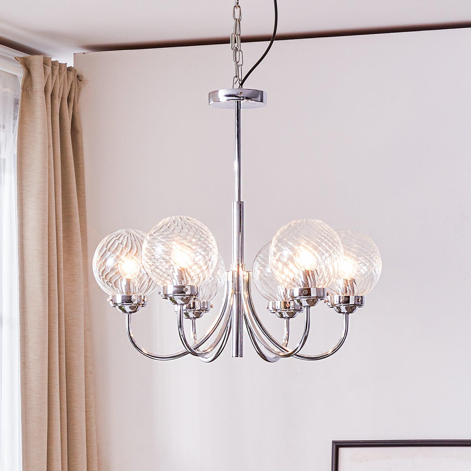 Modern Chrome Gasolier Chandelier with Clear Twisted Glass Shades for Indoor Living