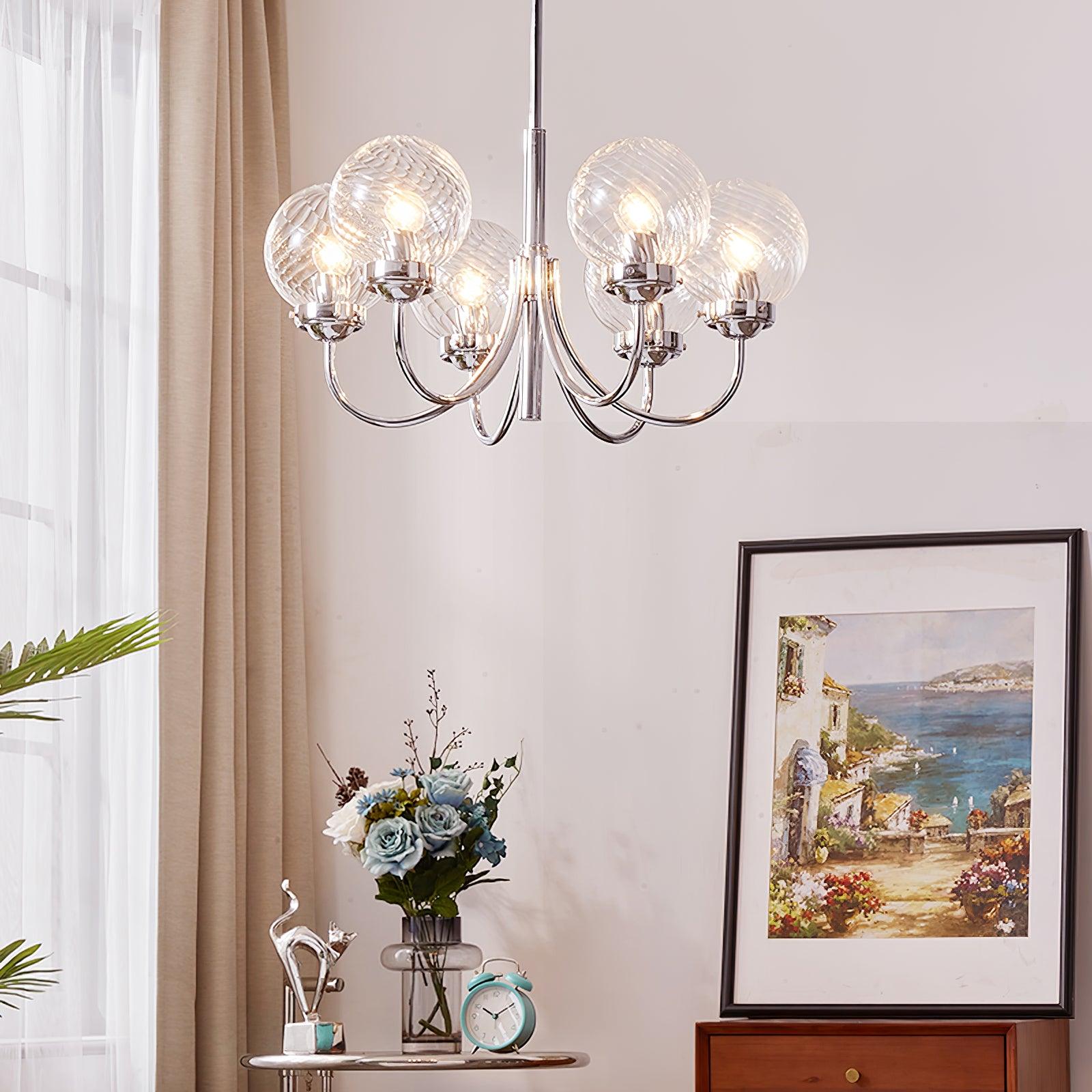 Modern Chrome Gasolier Chandelier with Clear Twisted Glass Shades for Indoor Living
