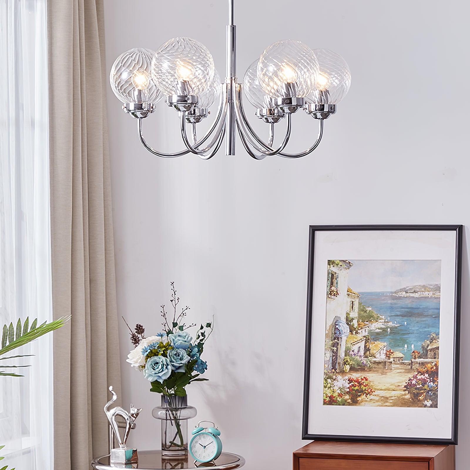 Modern Chrome Gasolier Chandelier with Clear Twisted Glass Shades for Indoor Living