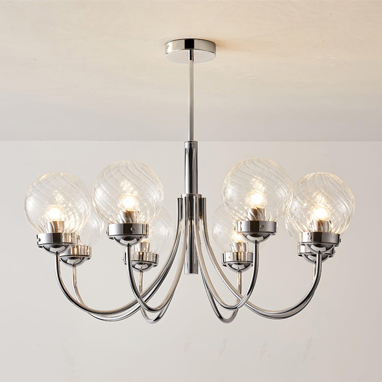 Modern Chrome Gasolier Chandelier with Clear Twisted Glass Shades for Indoor Living