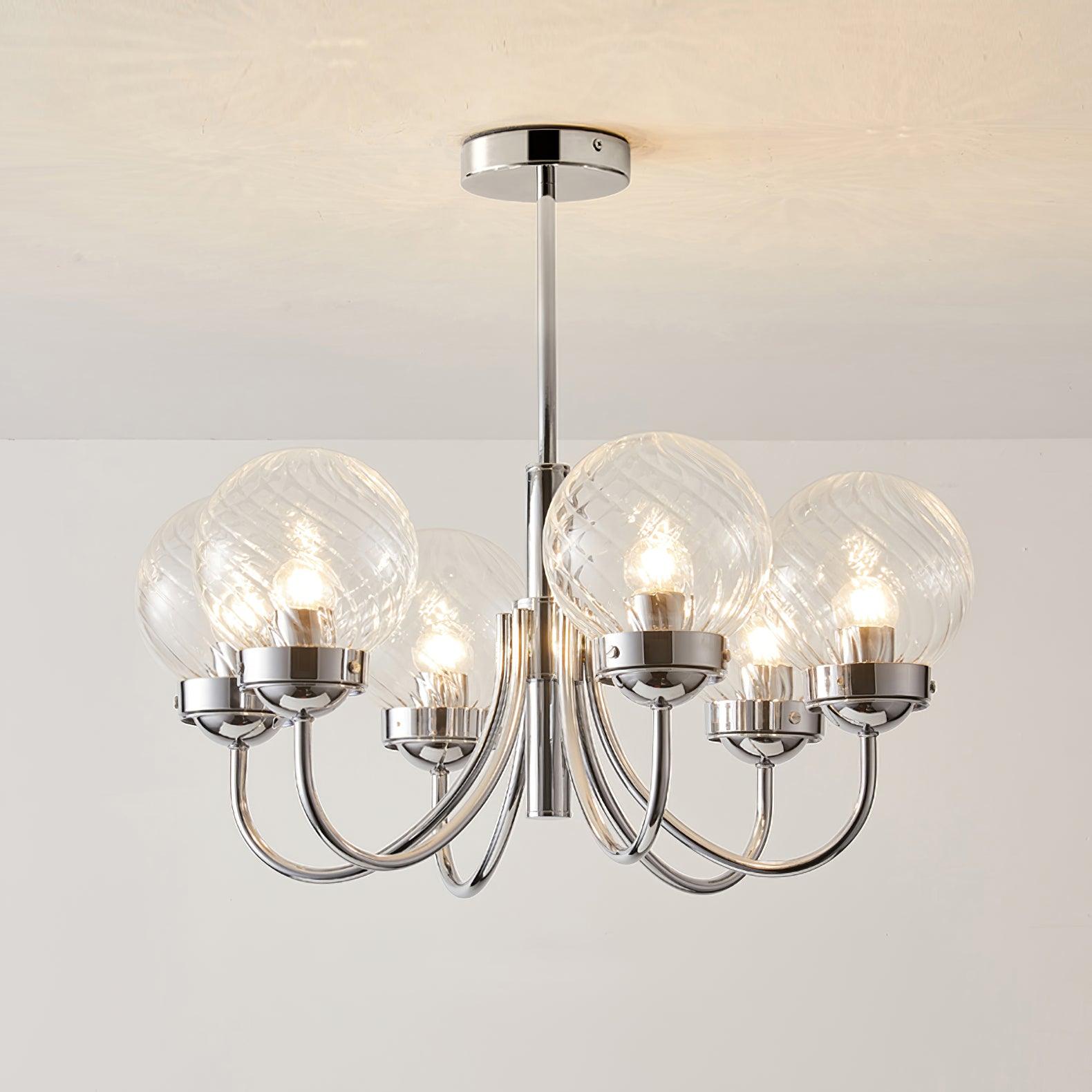 Modern Chrome Gasolier Chandelier with Clear Twisted Glass Shades for Indoor Living