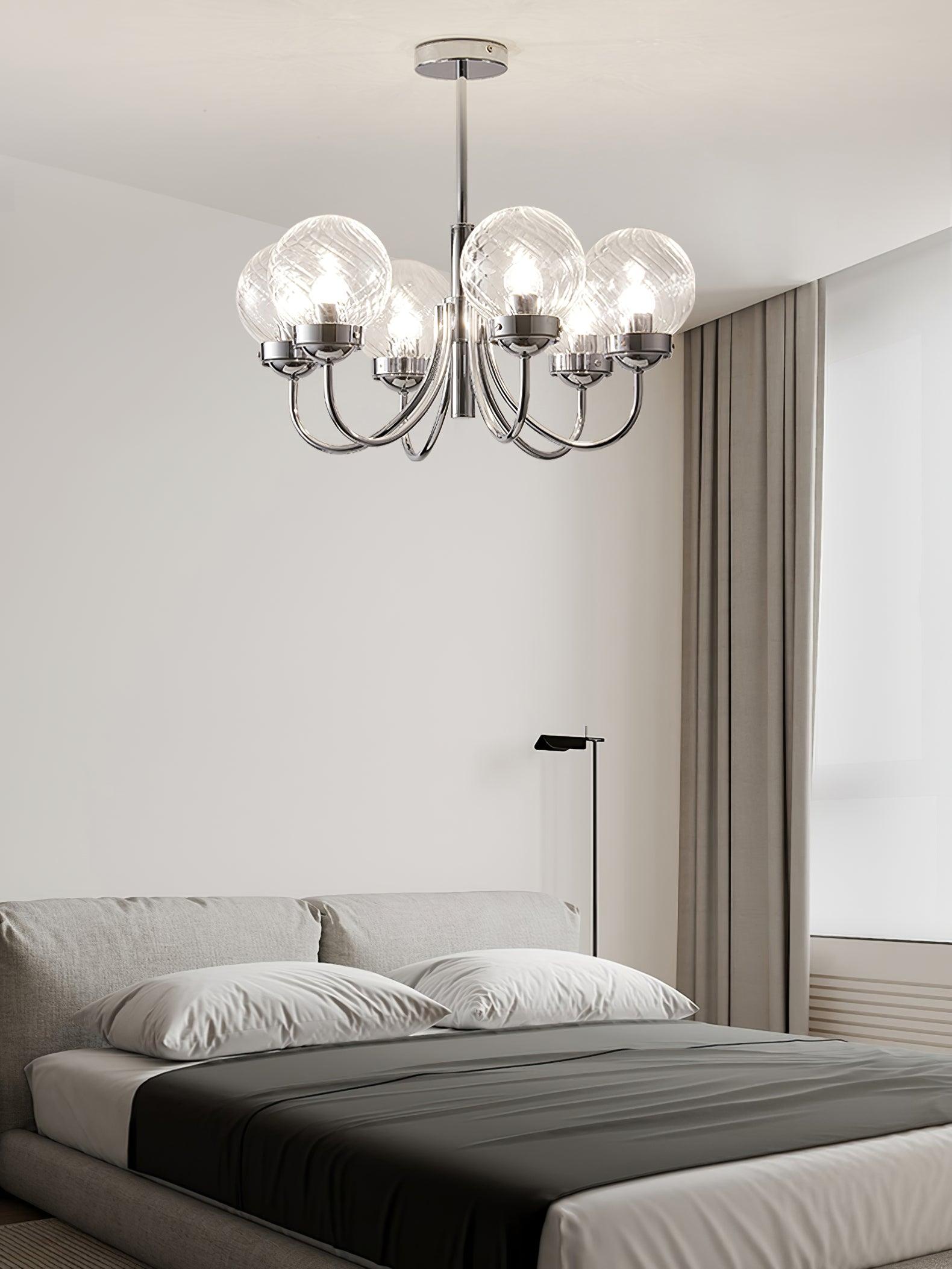 Modern Chrome Gasolier Chandelier with Clear Twisted Glass Shades for Indoor Living