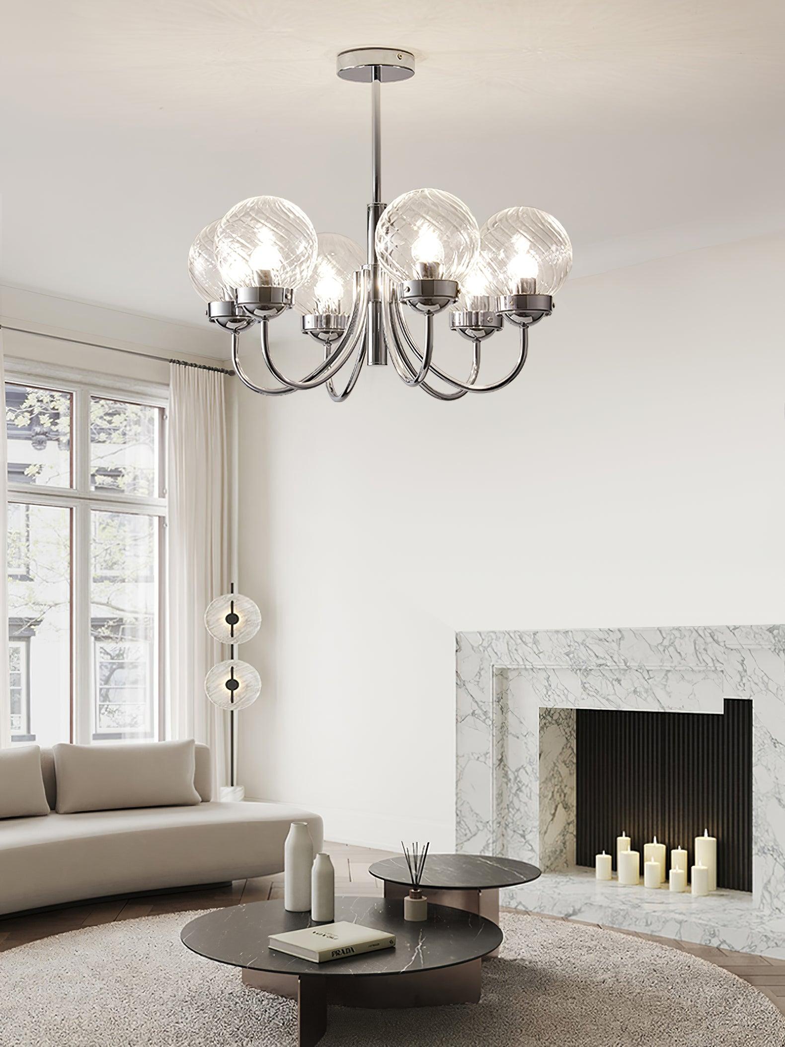 Modern Chrome Gasolier Chandelier with Clear Twisted Glass Shades for Indoor Living
