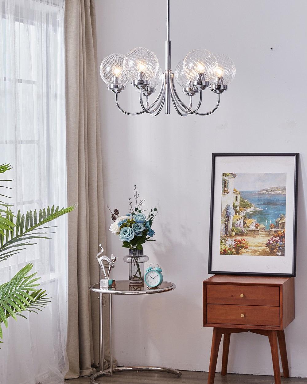 Modern Chrome Gasolier Chandelier with Clear Twisted Glass Shades for Indoor Living
