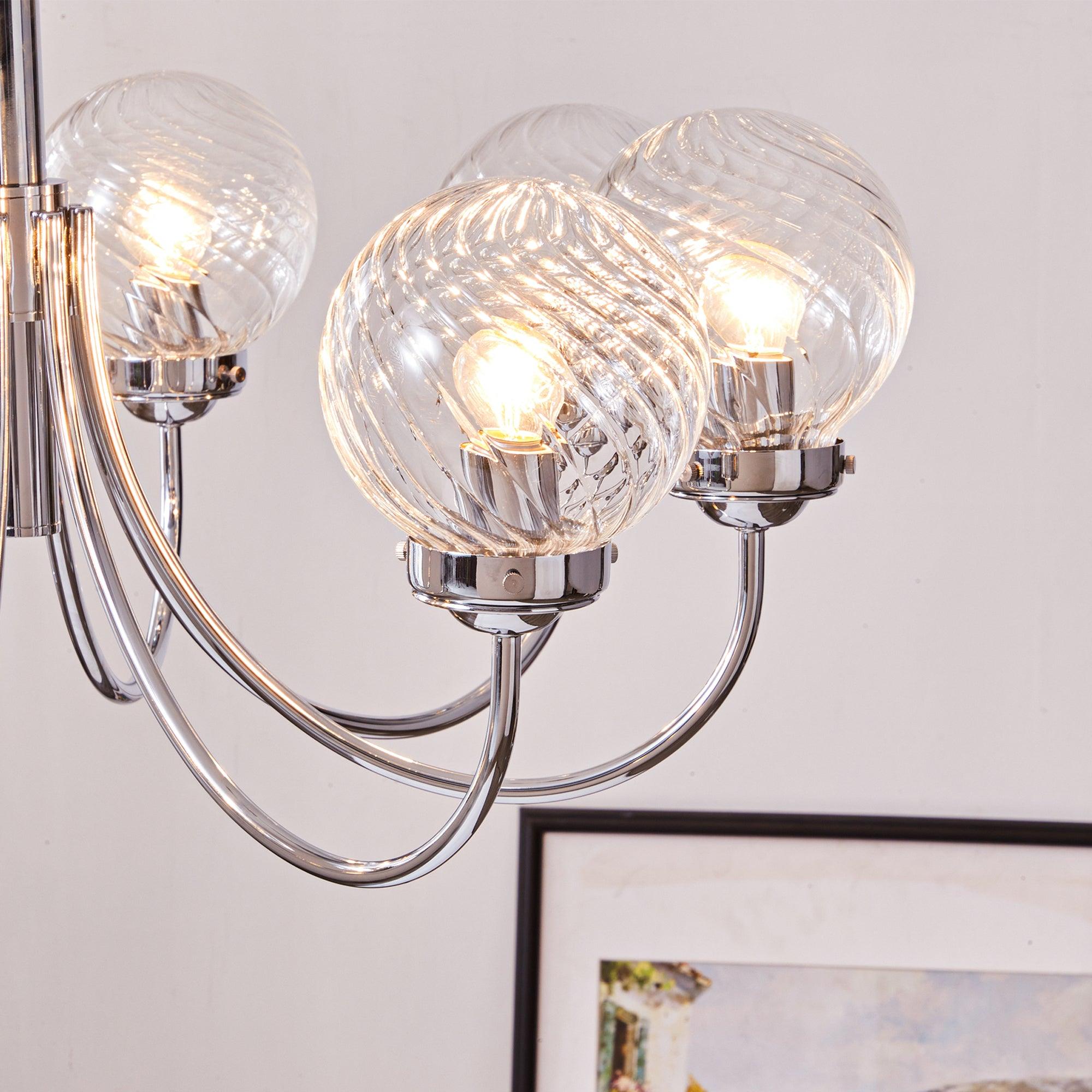 Modern Chrome Gasolier Chandelier with Clear Twisted Glass Shades for Indoor Living