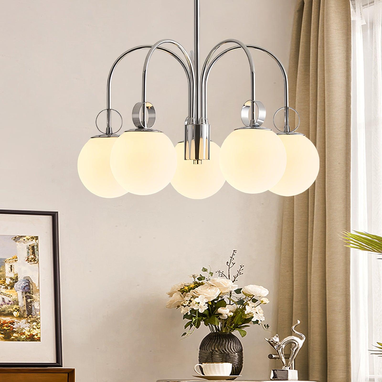 Modern Chrome Gasolier Chandelier with Glossy White Glass Globes for Dining Room