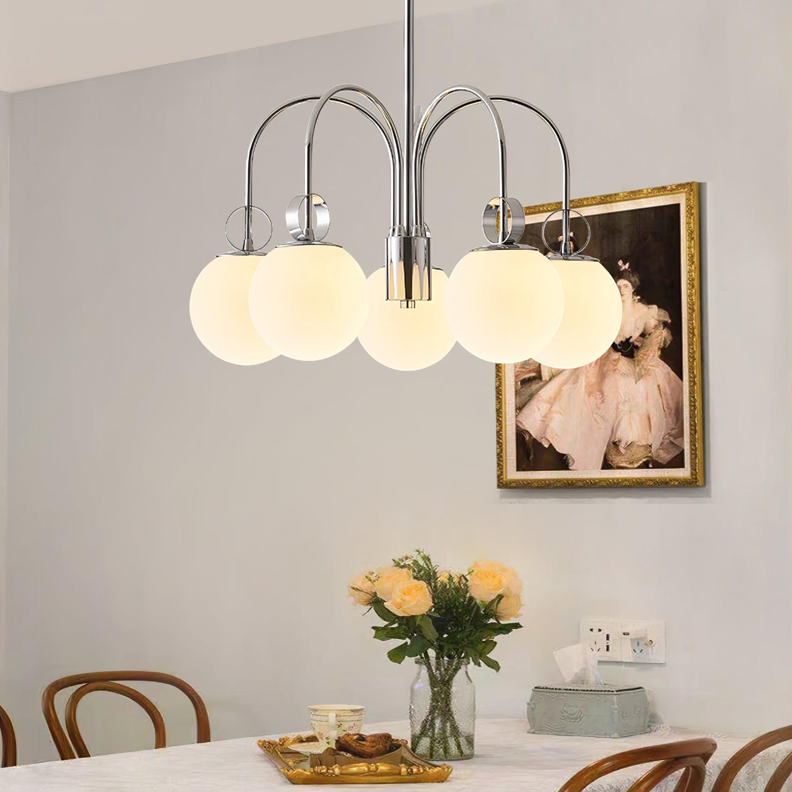 Modern Chrome Gasolier Chandelier with Glossy White Glass Globes for Dining Room