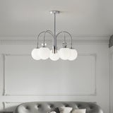 Modern Chrome Gasolier Chandelier with Glossy White Glass Globes for Dining Room