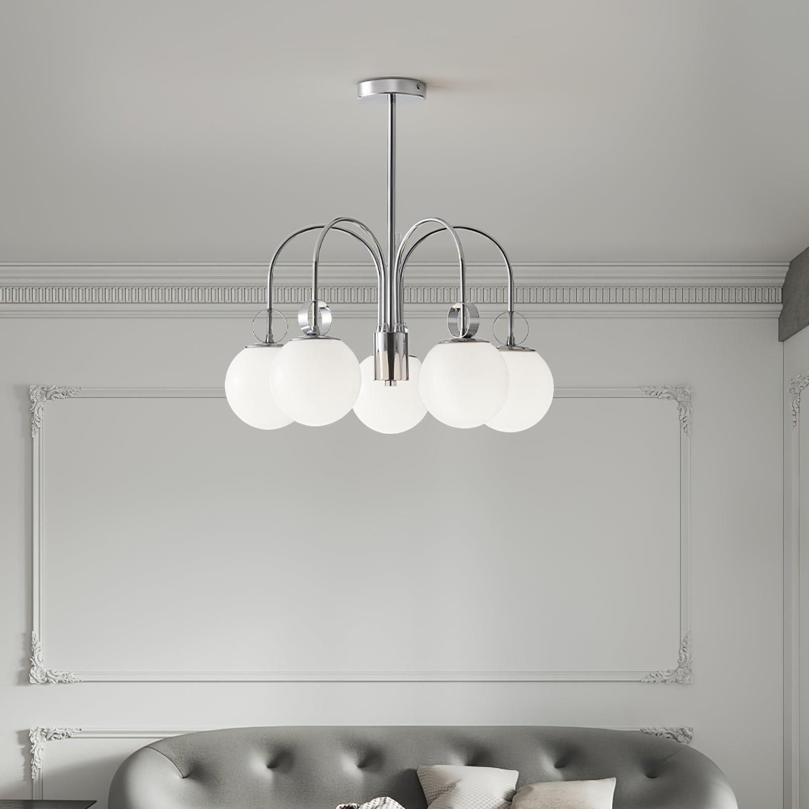 Modern Chrome Gasolier Chandelier with Glossy White Glass Globes for Dining Room