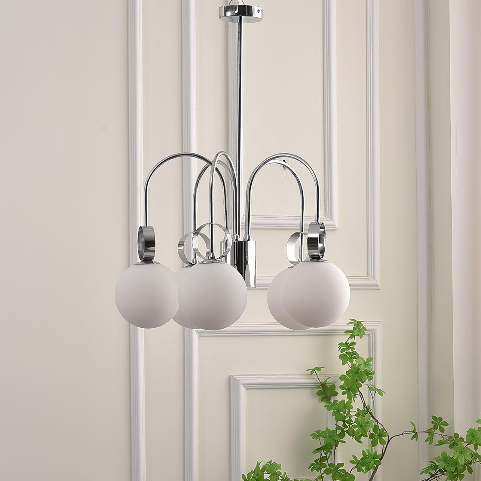Modern Chrome Gasolier Chandelier with Glossy White Glass Globes for Dining Room