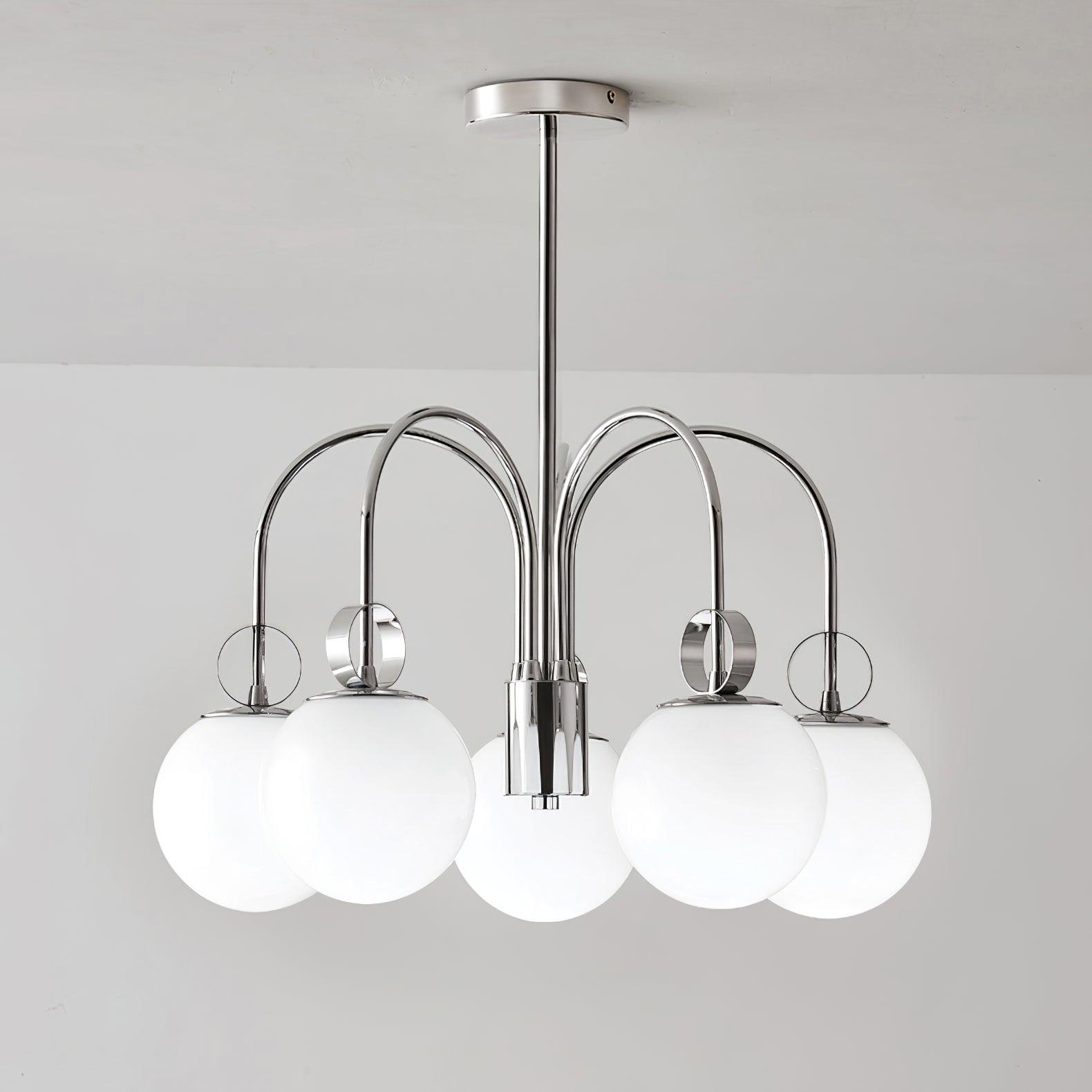 Modern Chrome Gasolier Chandelier with Glossy White Glass Globes for Dining Room