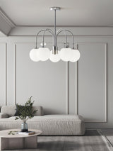 Modern Chrome Gasolier Chandelier with Glossy White Glass Globes for Dining Room