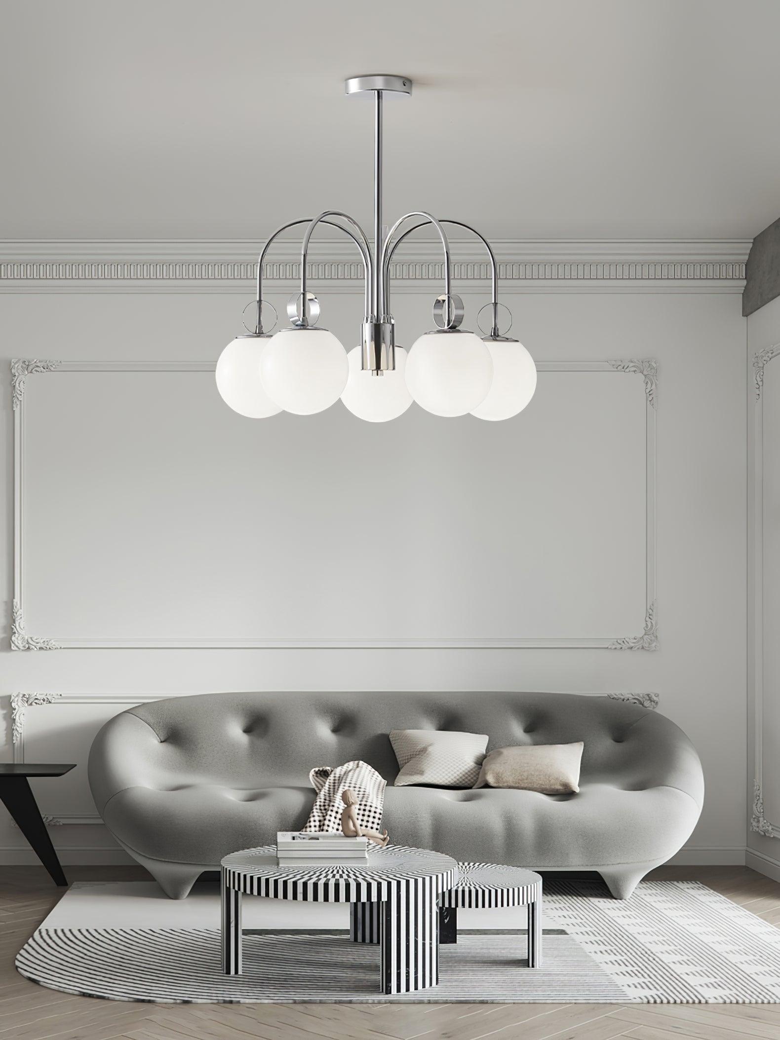 Modern Chrome Gasolier Chandelier with Glossy White Glass Globes for Dining Room