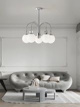 Modern Chrome Gasolier Chandelier with Glossy White Glass Globes for Dining Room