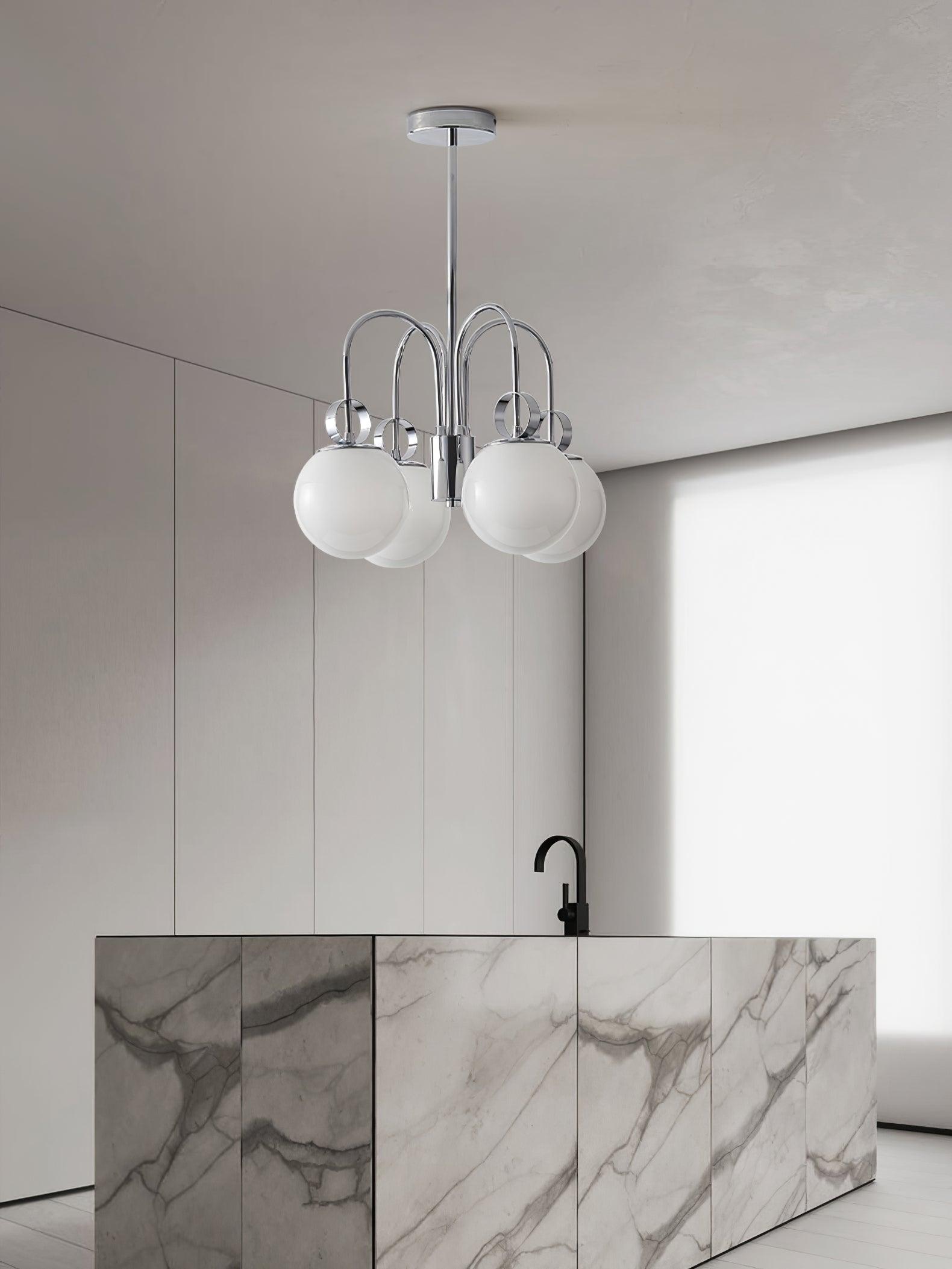 Modern Chrome Gasolier Chandelier with Glossy White Glass Globes for Dining Room