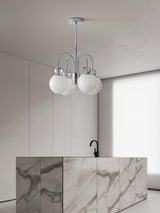 Modern Chrome Gasolier Chandelier with Glossy White Glass Globes for Dining Room