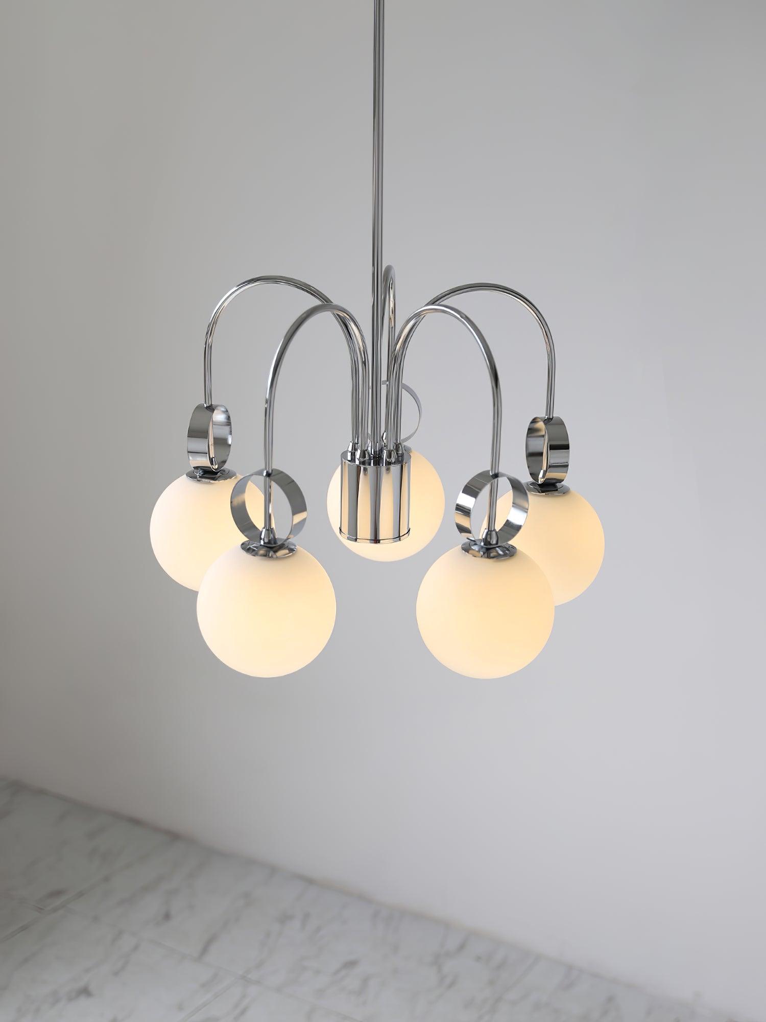 Modern Chrome Gasolier Chandelier with Glossy White Glass Globes for Dining Room
