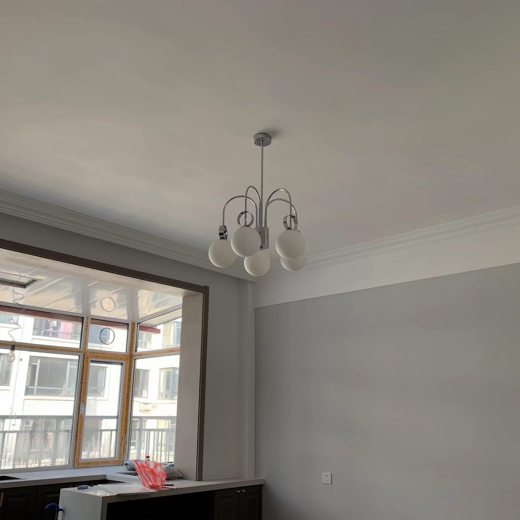 Modern Chrome Gasolier Chandelier with Glossy White Glass Globes for Dining Room