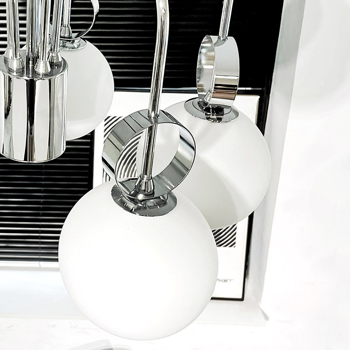 Modern Chrome Gasolier Chandelier with Glossy White Glass Globes for Dining Room