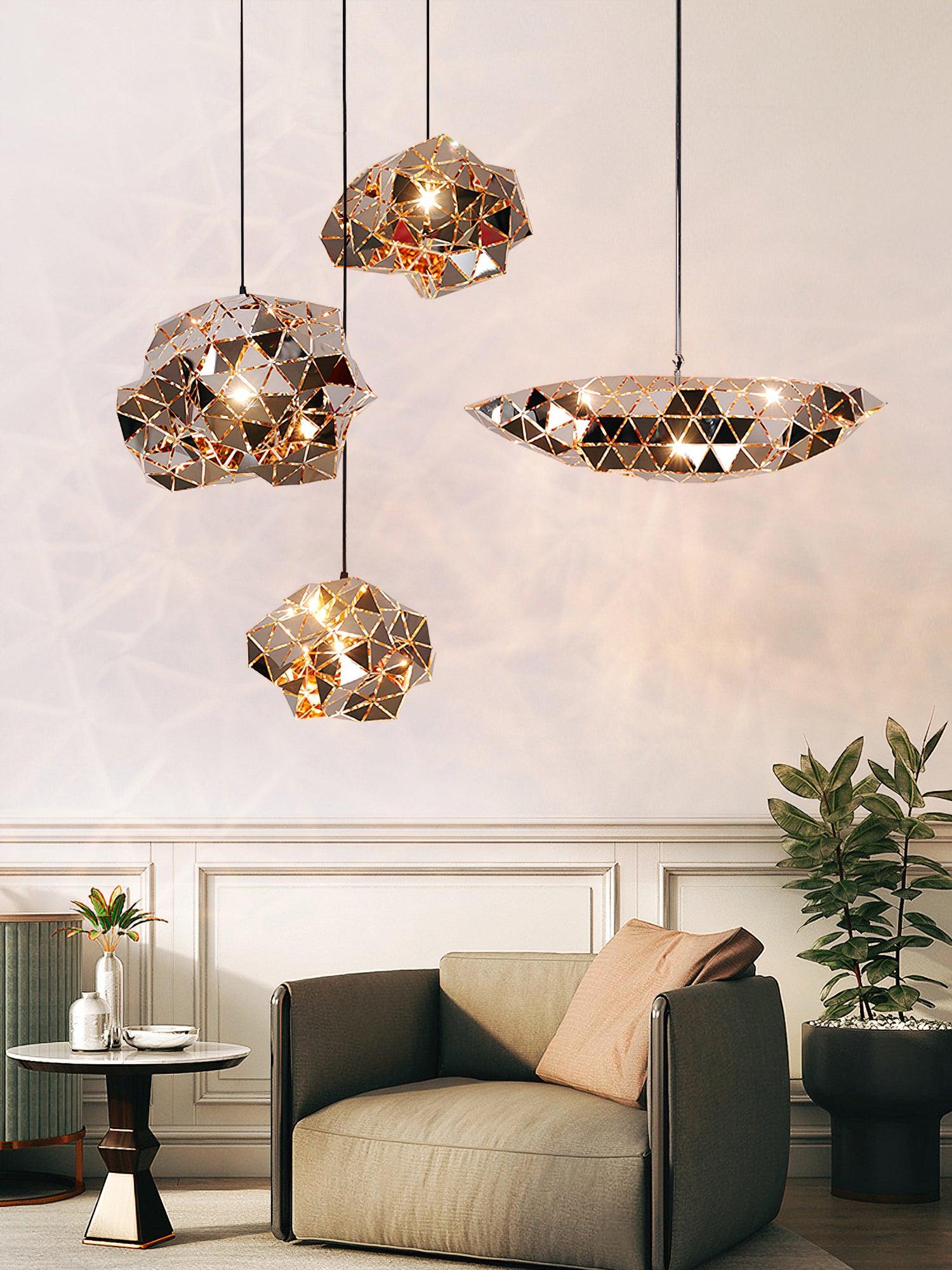 Modern Chrome Geometric Cut Panel Pendant Light Stainless Steel Hanging Lamp