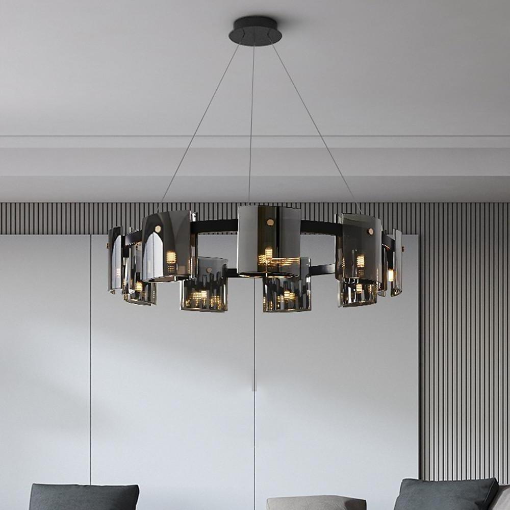 Modern Circular LED Chandelier 9 Light Electroplated Metal and Acrylic Pendant Lighting for Dining Room