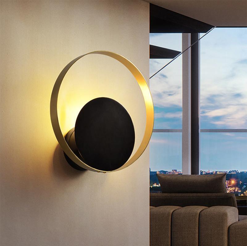 Modern Circular Metal Wall Sconce Brass and Black Finish Minimalist Indirect Lighting for Living Room
