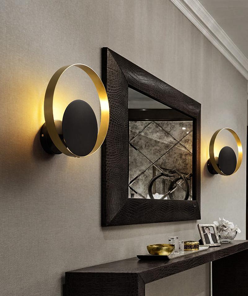 Modern Circular Metal Wall Sconce Brass and Black Finish Minimalist Indirect Lighting for Living Room