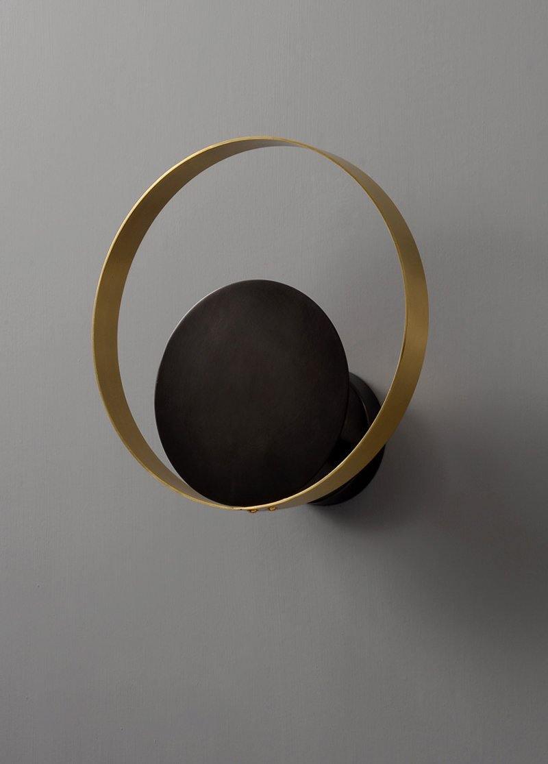 Modern Circular Metal Wall Sconce Brass and Black Finish Minimalist Indirect Lighting for Living Room