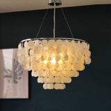 Modern Coastal Multi Tiered Shell Chandelier Round Pendant Light with Gold Accents