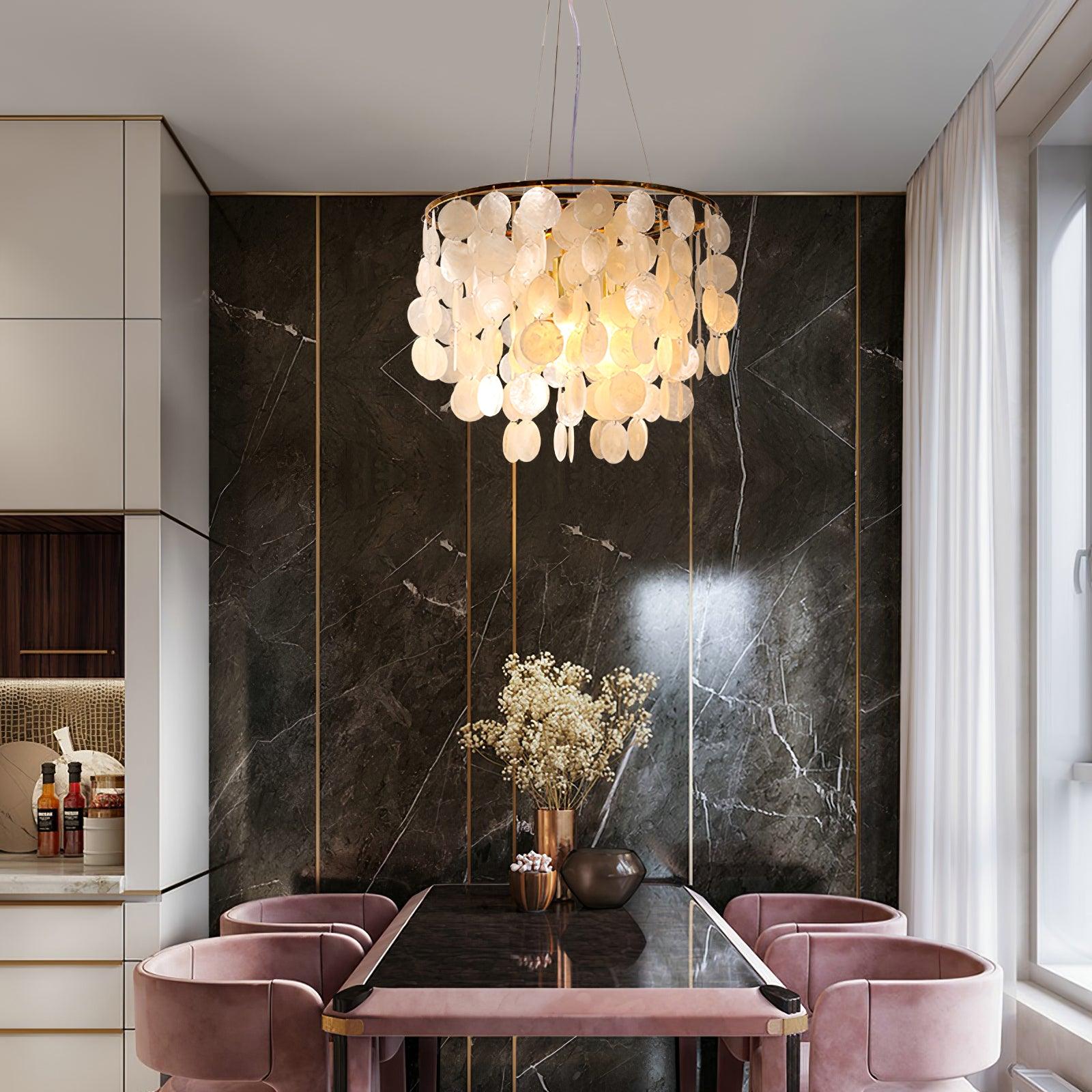Modern Coastal Multi Tiered Shell Chandelier Round Pendant Light with Gold Accents