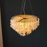 Modern Coastal Multi Tiered Shell Chandelier Round Pendant Light with Gold Accents