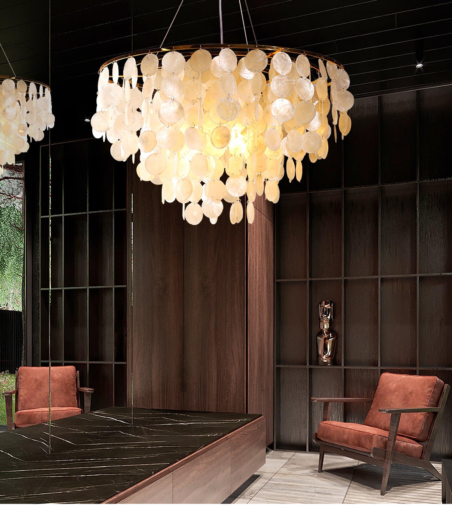 Modern Coastal Multi Tiered Shell Chandelier Round Pendant Light with Gold Accents