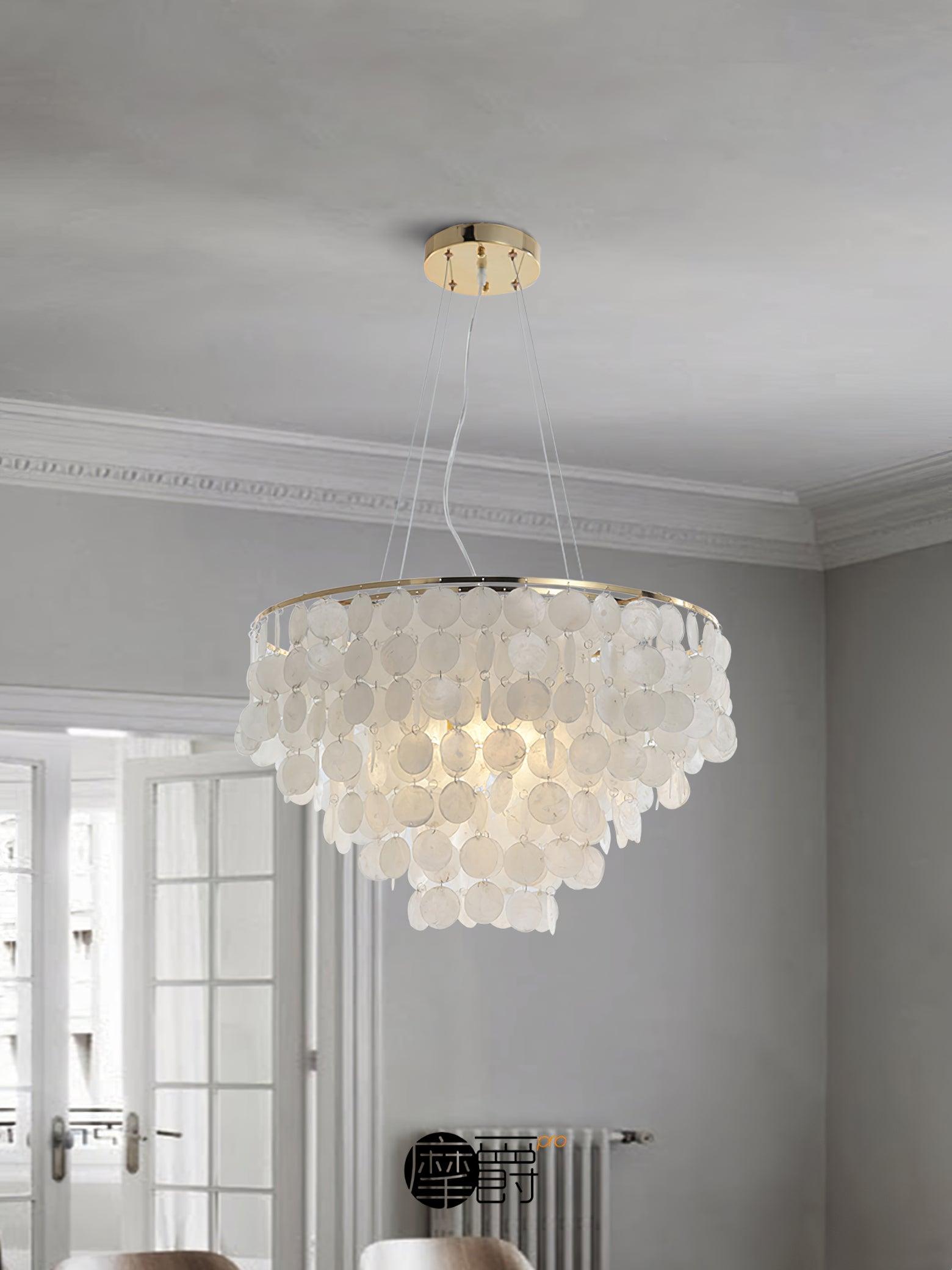 Modern Coastal Multi Tiered Shell Chandelier Round Pendant Light with Gold Accents