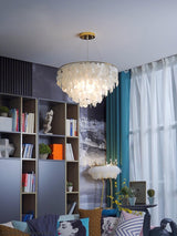 Modern Coastal Multi Tiered Shell Chandelier Round Pendant Light with Gold Accents