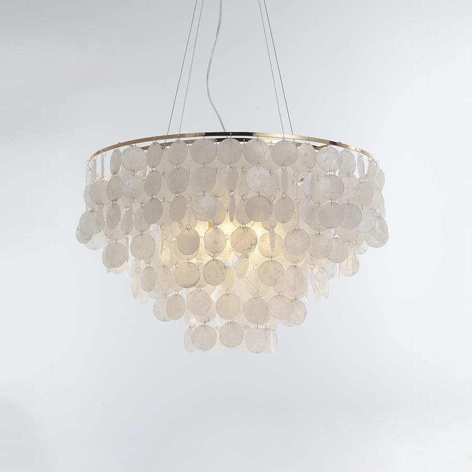 Modern Coastal Multi Tiered Shell Chandelier Round Pendant Light with Gold Accents