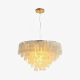 Modern Coastal Multi Tiered Shell Chandelier Round Pendant Light with Gold Accents