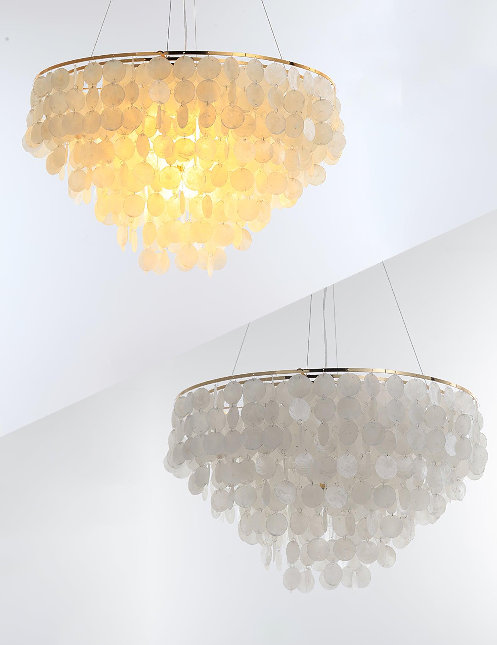 Modern Coastal Multi Tiered Shell Chandelier Round Pendant Light with Gold Accents