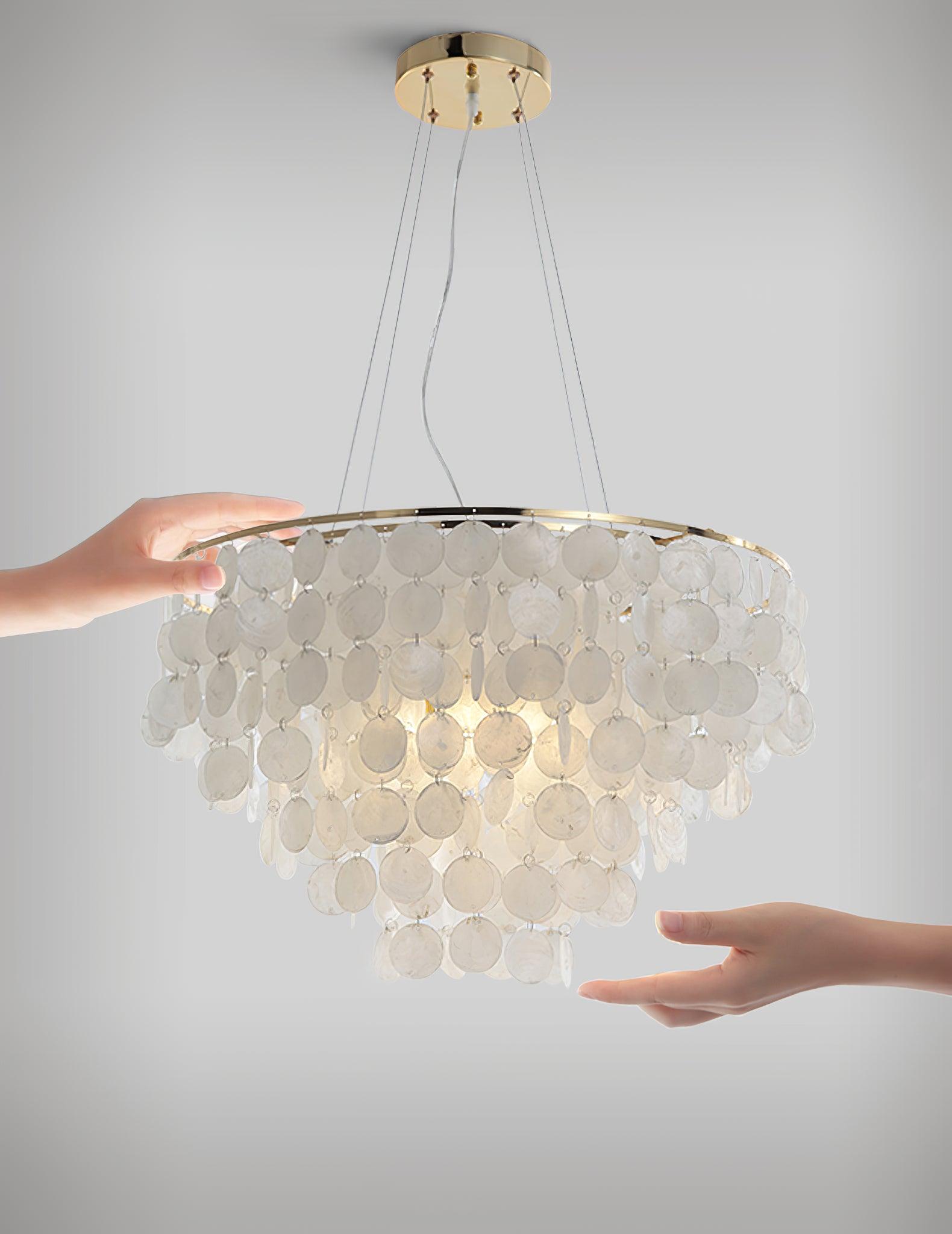 Modern Coastal Multi Tiered Shell Chandelier Round Pendant Light with Gold Accents