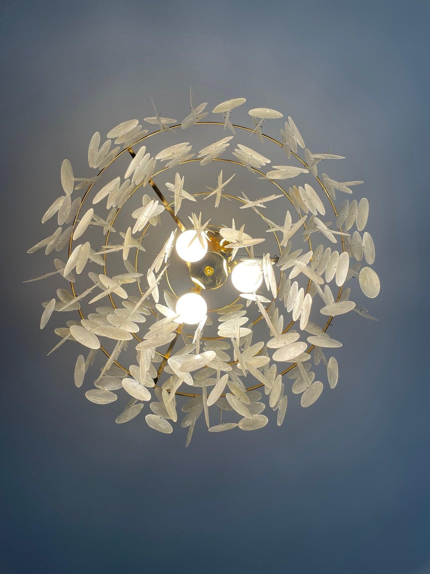 Modern Coastal Multi Tiered Shell Chandelier Round Pendant Light with Gold Accents