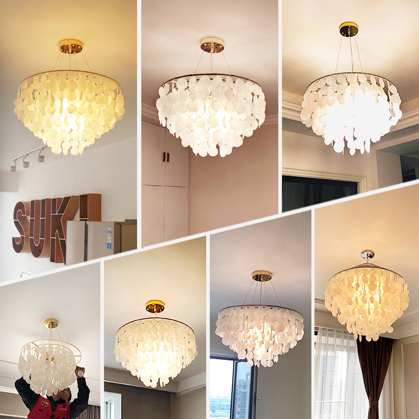 Modern Coastal Multi Tiered Shell Chandelier Round Pendant Light with Gold Accents